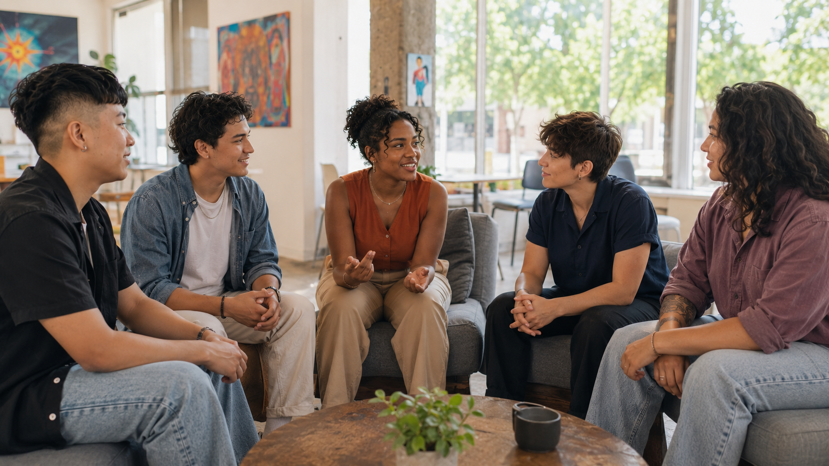 A diverse group of LGBTQIA+ young adults in a supportive conversation