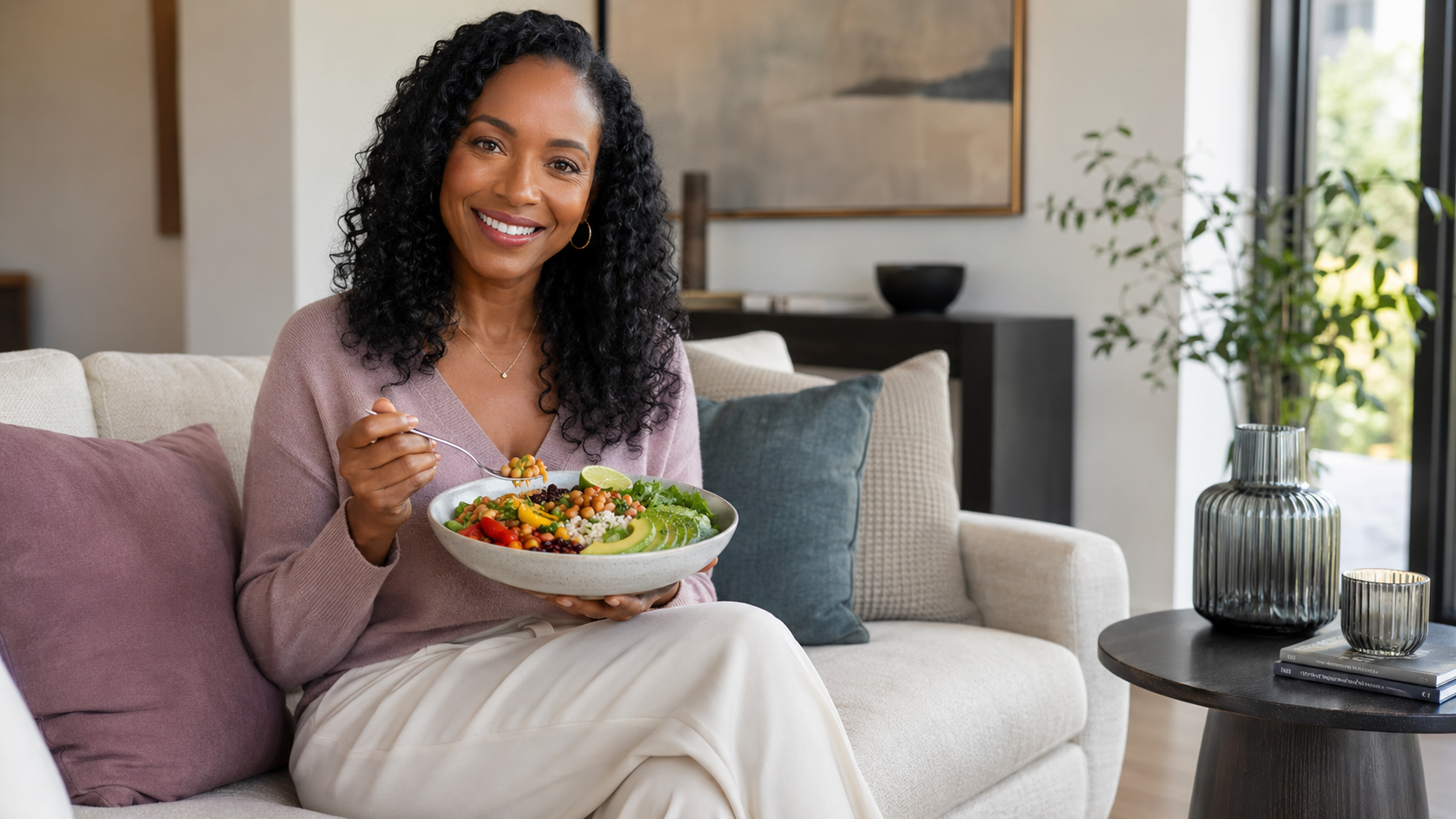 Woman enjoying a colorful, balanced meal in a comfortable modern home