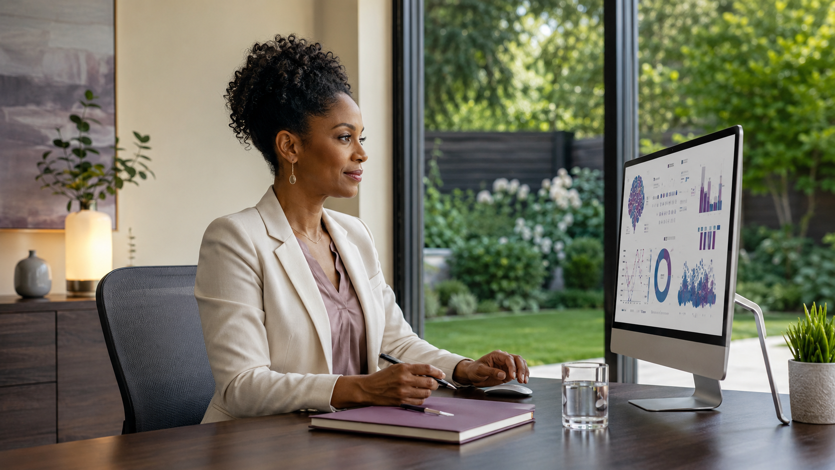 Nurse practitioner reviewing health information in a modern office