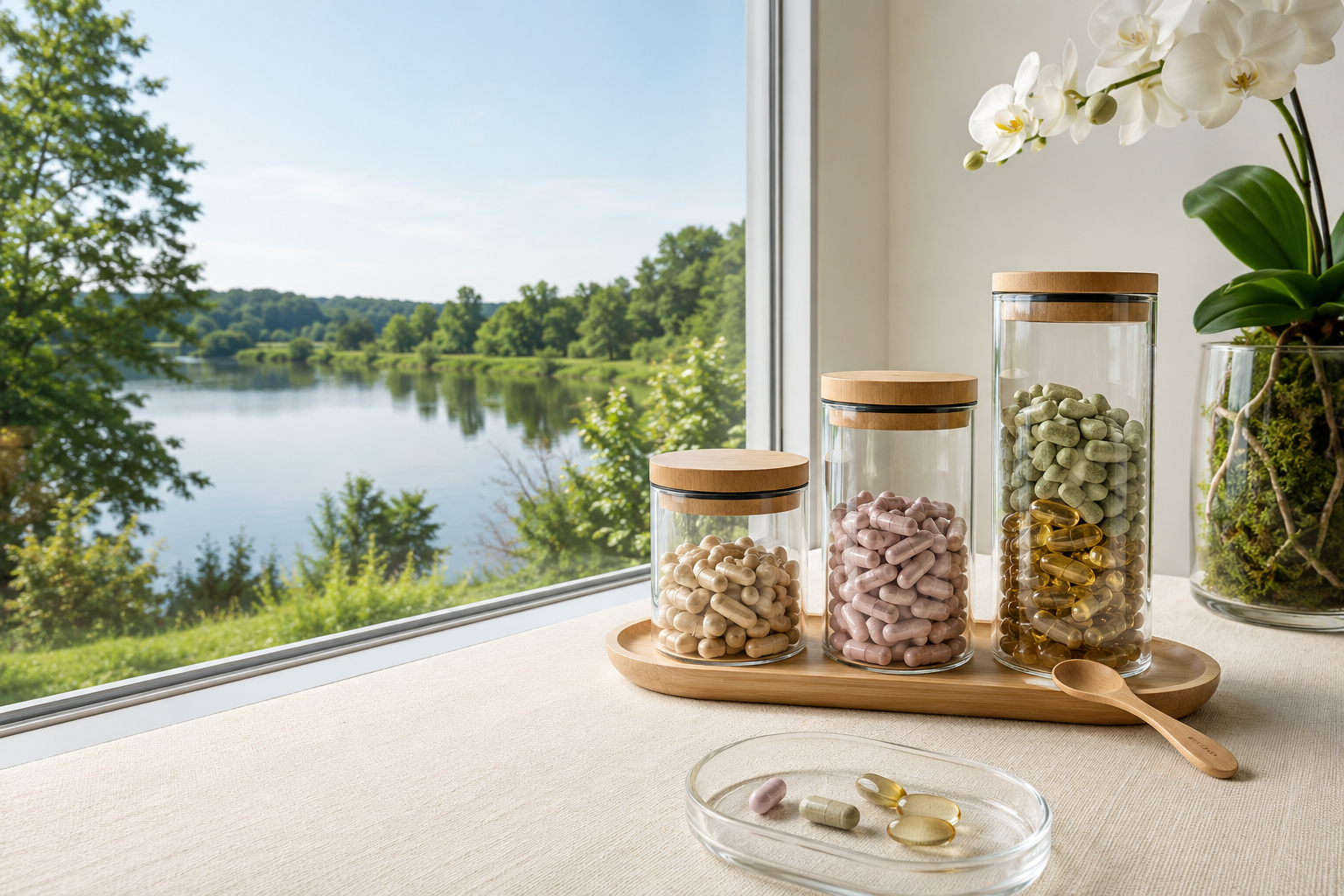 Modern glass supplement jars on a wooden tray beside a white orchid and a lake view