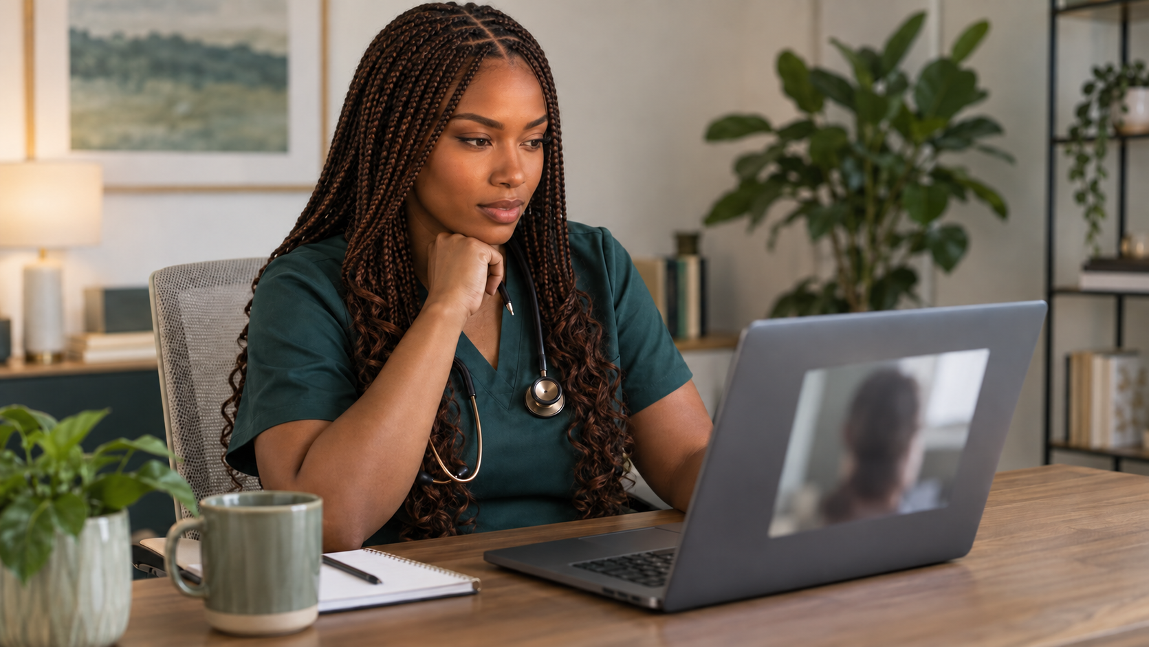 A clinician meeting with a patient through a secure telehealth consultation